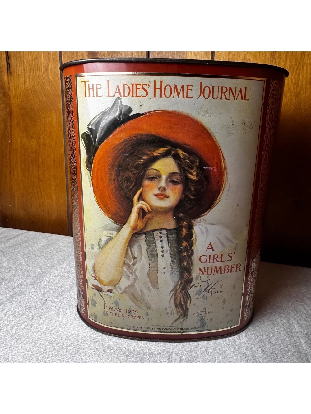 Vintage Cheinco Ladies Home Journal Wastebasket, 1909 Girl’s Number Metal Can